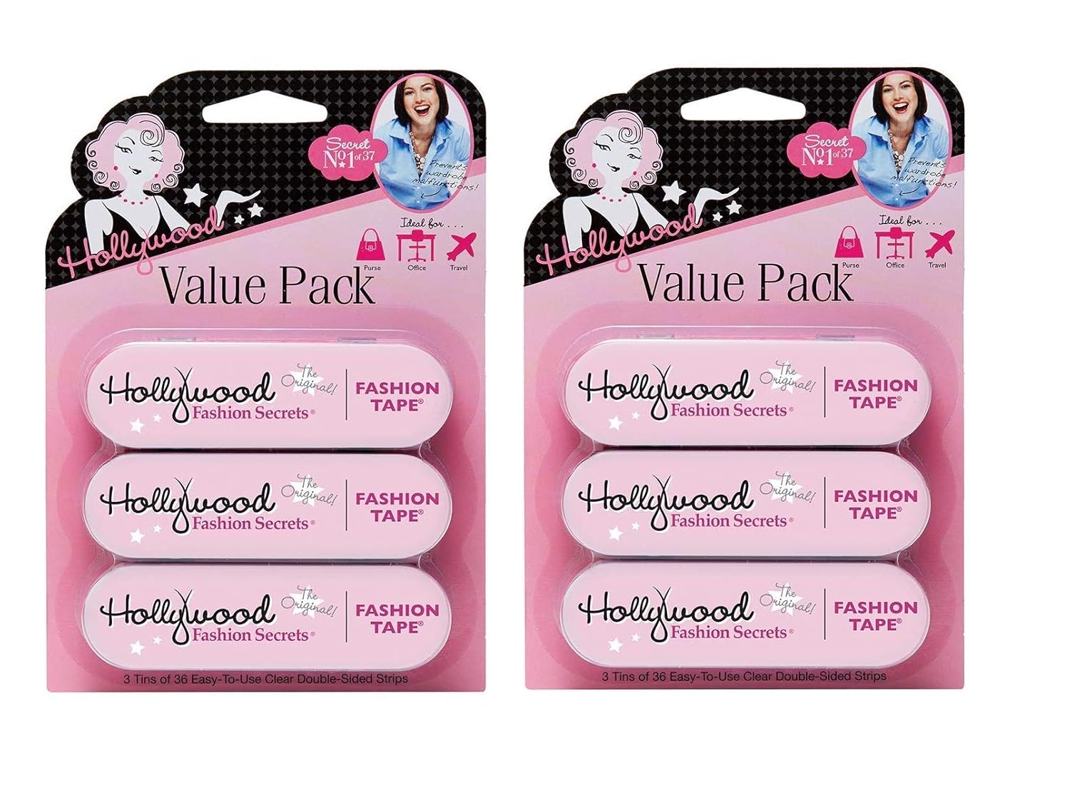 Hollywood Fashion Secrets Medical Quality Double-Stick Apparel Tape, 3 tins x 36 strips Value Pack : Lingerie Tape : Beauty