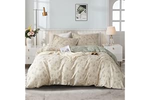 EAVD Boho Floral Duvet Cover King Beige 100% Cotton Chic Shabby Garden Floral Pattern Aesthetic Bedding Set with 2 Pillowcases Reversible Green Floral Botanical Duvet Cover with Zipper Closure