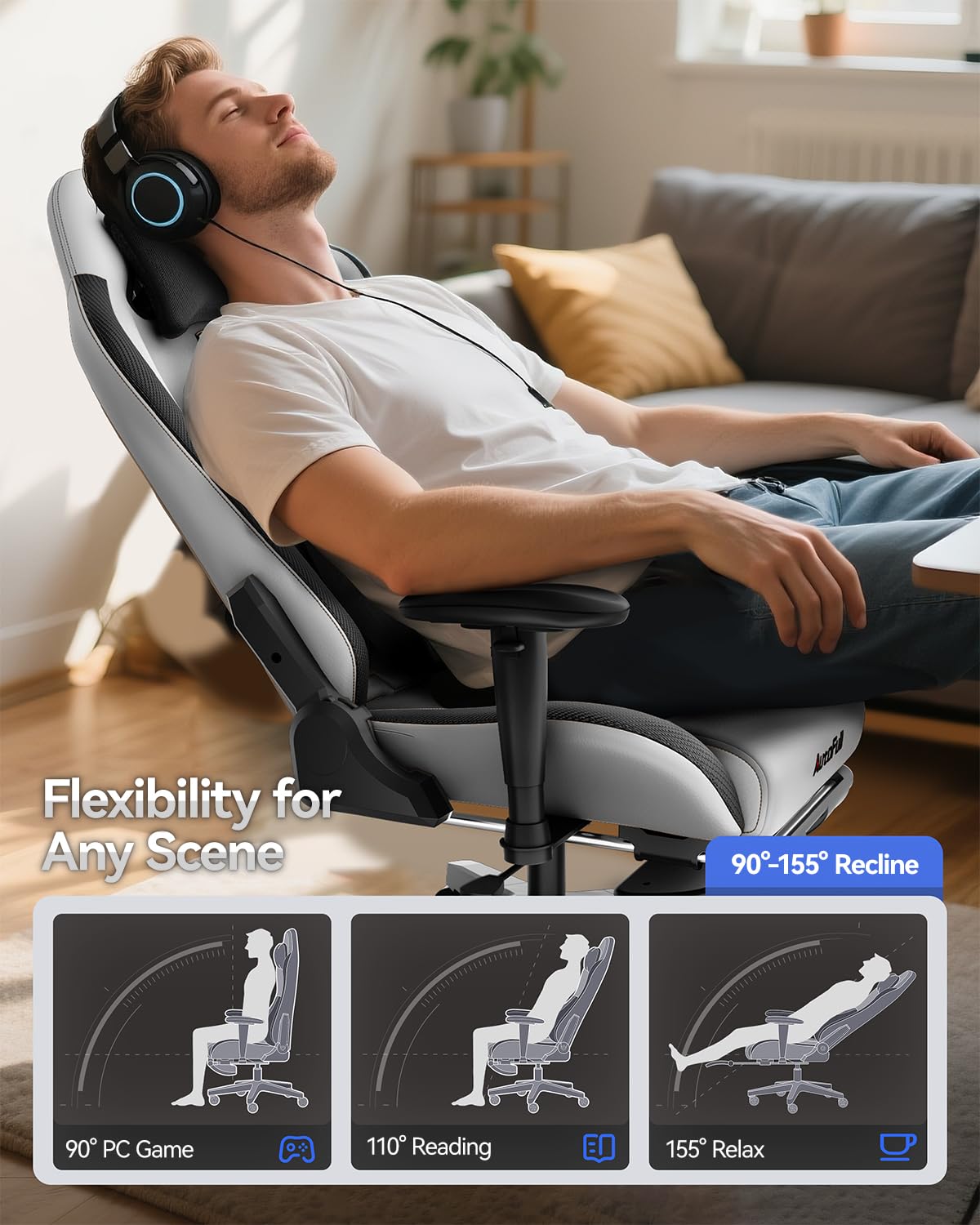 AutoFull C3 Gaming Chair PC Chair with Ergonomics Lumbar Support, Racing Style PU Leather High Back Adjustable Swivel Task Chair with Footrest ,Grey