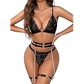 Donnalla Lingerie Sets for Women Sexy Bra and Panty Set with Heart Ring Chain Garter Belt Strappy Lingerie