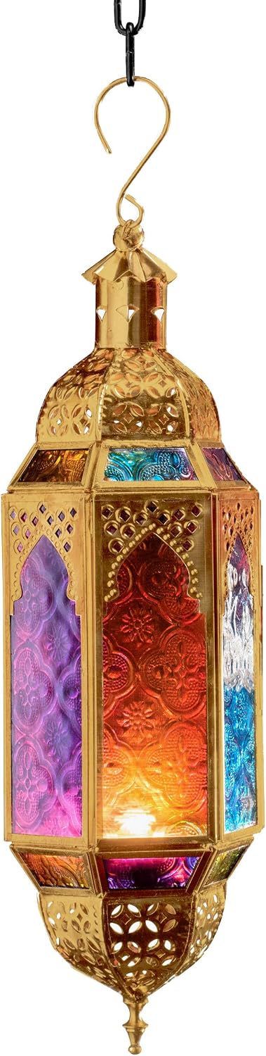Purity Ornate Moroccan Style Hanging Lantern for Tealights - Multi Coloured Glass and Gold Coloured Metal (Medium 10 x 8.5 x 33.5cm)