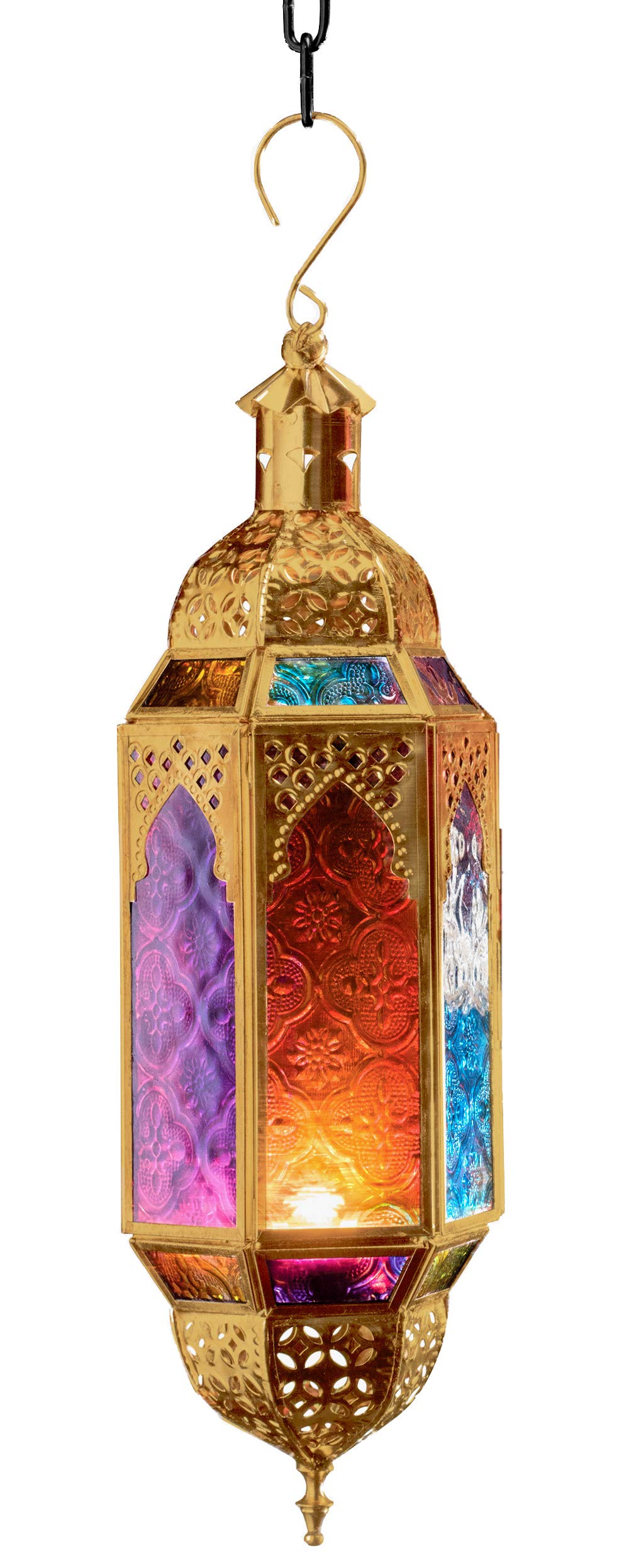 Purity Ornate Moroccan Style Hanging Lantern for Tealights - Multi Coloured Glass and Gold Coloured Metal (Medium 10 x 8.5 x 33.5cm)