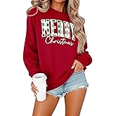 OUNAR Christmas Shirts For Women Merry Christmas Graphic Sweatshirt Christmas Crewneck Long Sleeve Xmas Holiday Pullover Tops