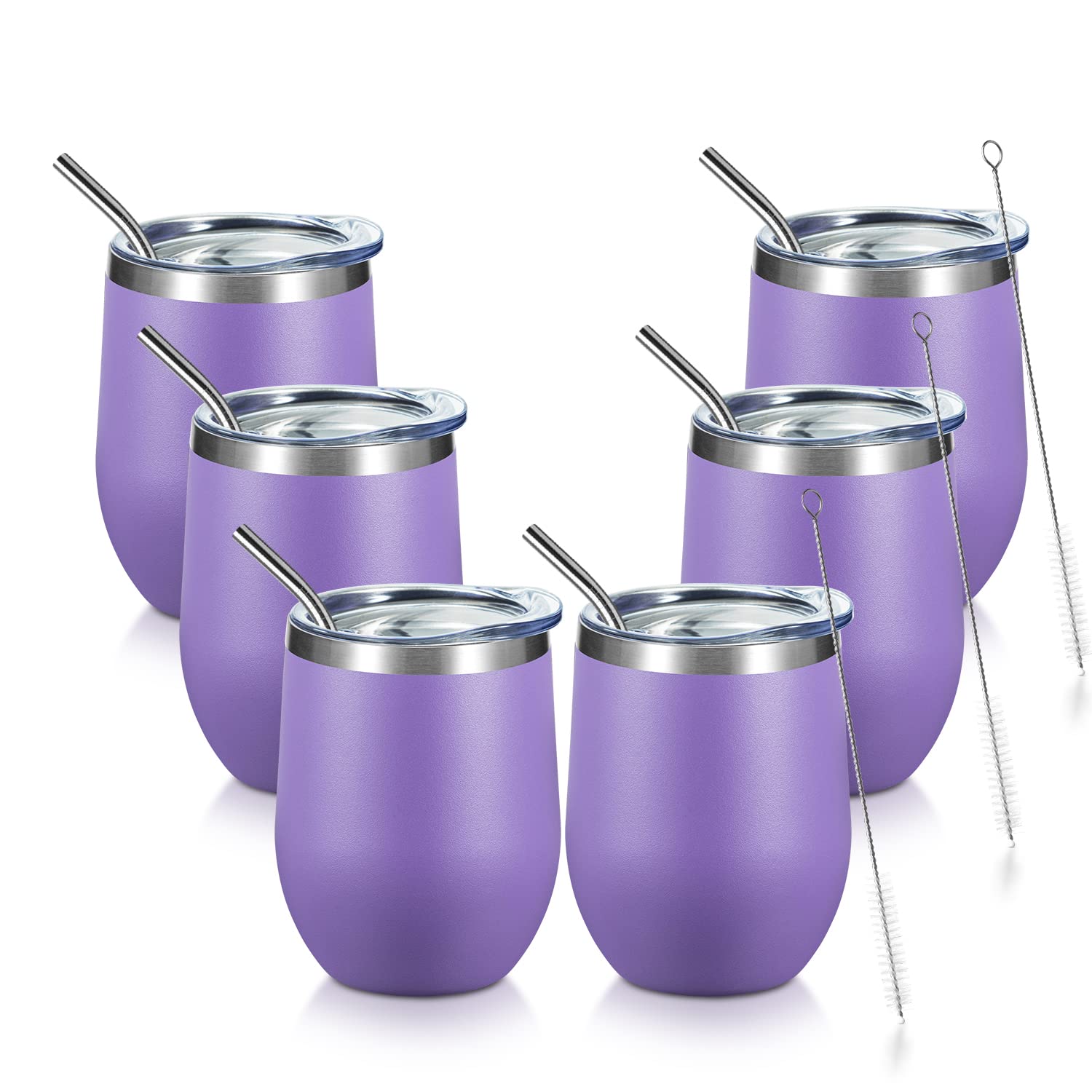 COMOOO Stainless Steel Wine Tumbler Bulk with Lid and Straw 12oz Double Wall Vacuum Insulated Travel Tumbler Cup Stemless for Hot and Cold Drinks, Coffee, Wine, Cocktails (Light Purple, 6 Pack) Image