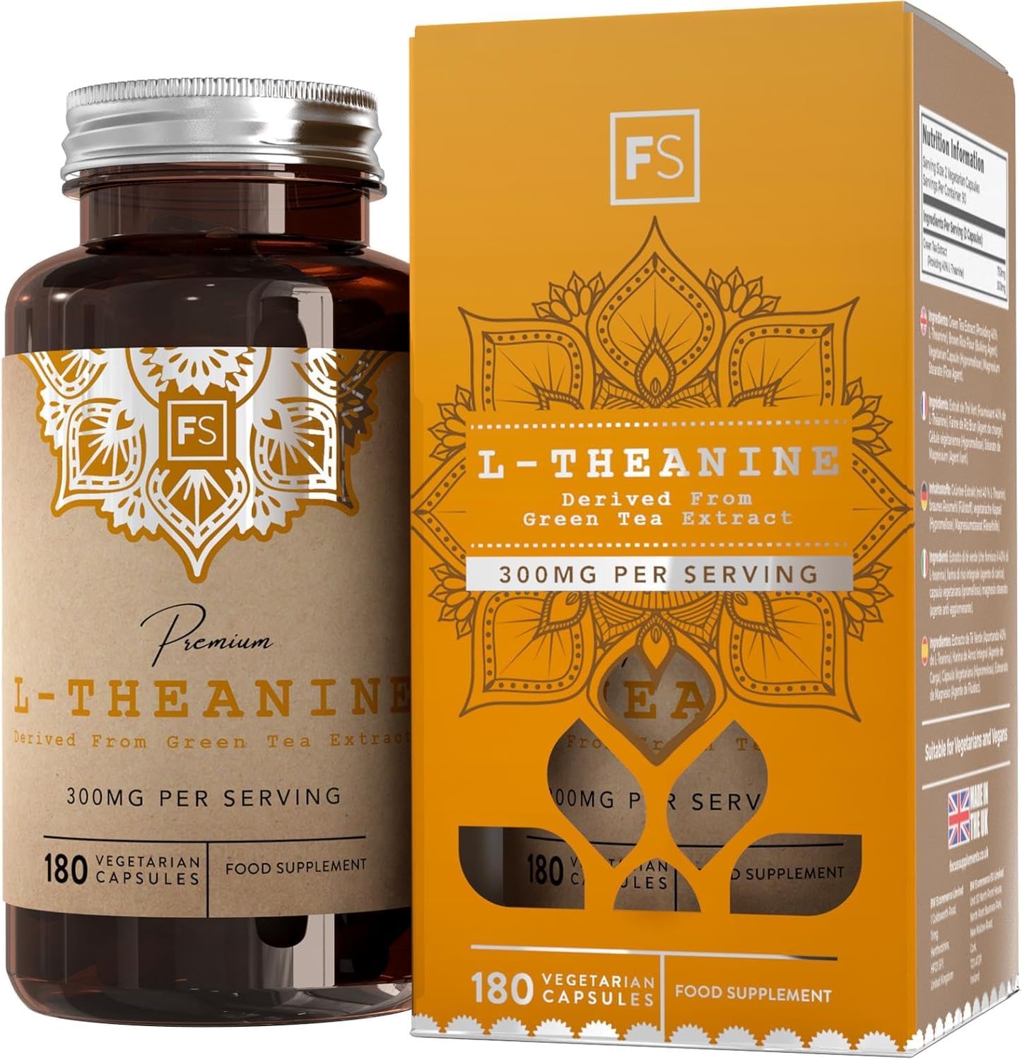FS L Theanine | 180 L-Theanine Capsules from Green Tea - High Strength 750mg Green Tea Extract Providing 300mg L'theanine per Serving | L Theanine Supplement | Non-GMO Gluten Free | Made in UK