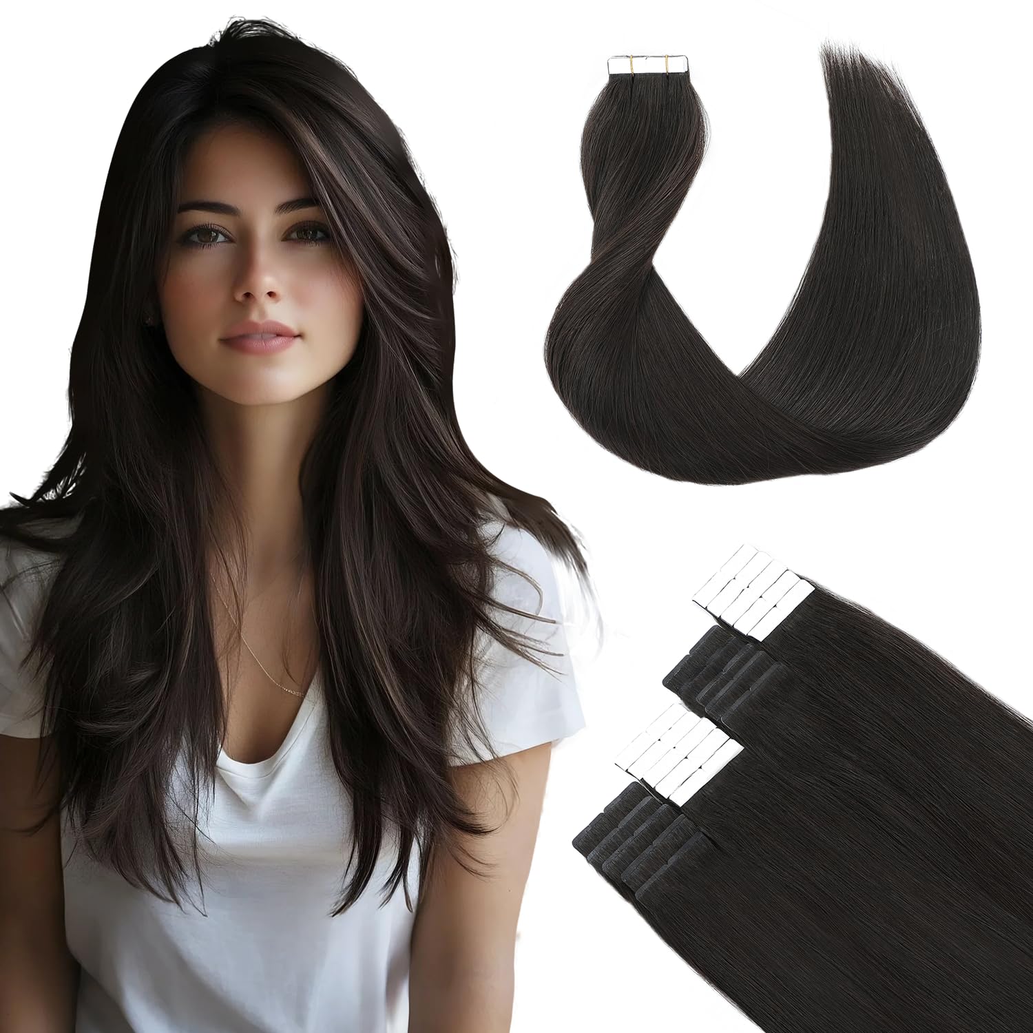 SURNEL Tape in Hair Extensions Human Hair 18 Inch Color 1B Off Black 20pcs 50g/pack Seamless Skin Weft Invisible Tape Hair Extensions for Women Salon Quality (T18inch, 1B) — image 1