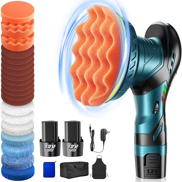 CORDLESS CAR BUFFER POLISHER KIT – 6 INCH DUAL ACTION RANDOM POLISHING WAX MACHINE FOR CAR DETAILING,2PCS 2000MAH BATTERIES,6 VARIABLE SPEED 2500-5000RPM,ORBITAL POLISHER FOR CAR BOAT POLISHING WAXING