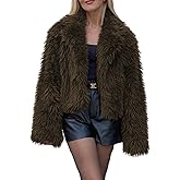 Wyeysyt Womens Faux Fur Coat Cropped Lapel Fluffy Fur Jacket Long Sleeve Open Front Shaggy Fuzzy Outerwear