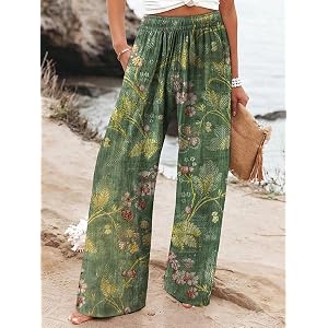 Women's Elastic Waist Wide Leg Palazzo Pants Loose Fit Casual Beach Trousers with Pockets for Spring Summer Vacation Wear