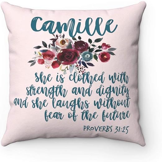 Amazon Com Owings Designs Proverbs 31 Floral Nursery Decor Bible Verse Pillow 16x16 Inches Sympathy Gift Mother In Law Gift Sister In Law Gift Proverbs 31 25 Feminism Home Kitchen