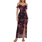 Women's Cold Shoulder Short Sleeve Split Thigh Boho Long Dress Beach Maxi Dress Summer Outfits