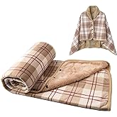 forestfish Fleece Wearable Blanket, Plaid Lap Blanket Comfy Poncho Throw with Buttons for Bed Sofa Office, Brown-White