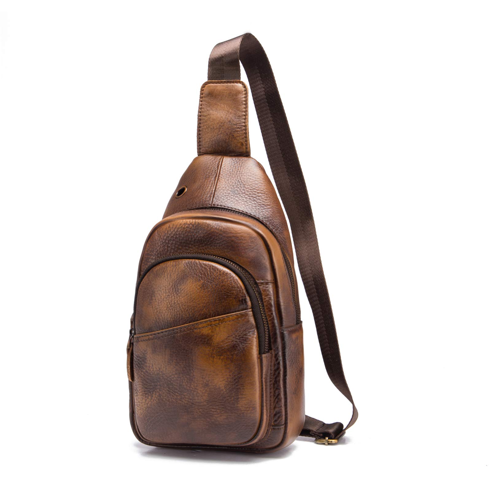 Le'aokuu Mens Outdoor Casual Tea Travel Hiking Crossbody Chest Sling Bag Rig One Shoulder Strap Bag Backpack Men Leather 008 (008 Gold)