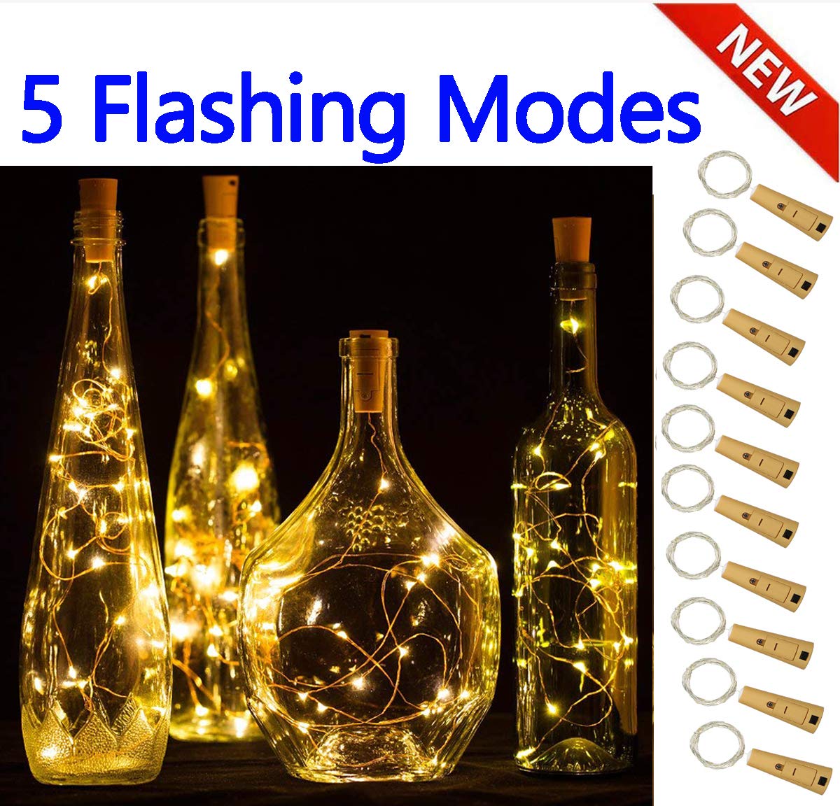 5 Dimmable Modes Intelligent Wine Bottle Lights with Cork, 10 Pack Battery Operated 20 LED Silver Copper Wire Fairy String Lights for DIY, Party, Decor, Christmas, Halloween,Wedding (Warm White)