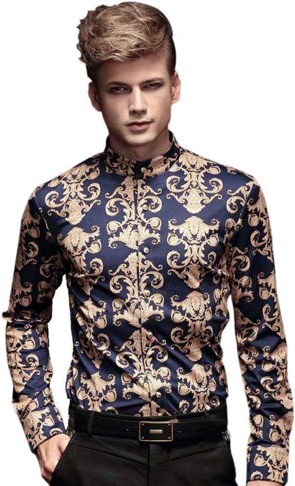 FANZHUAN Men's Shirt Grandad Collar Baroque Vintage Long Sleeve Wrinkle Free Slim Fit