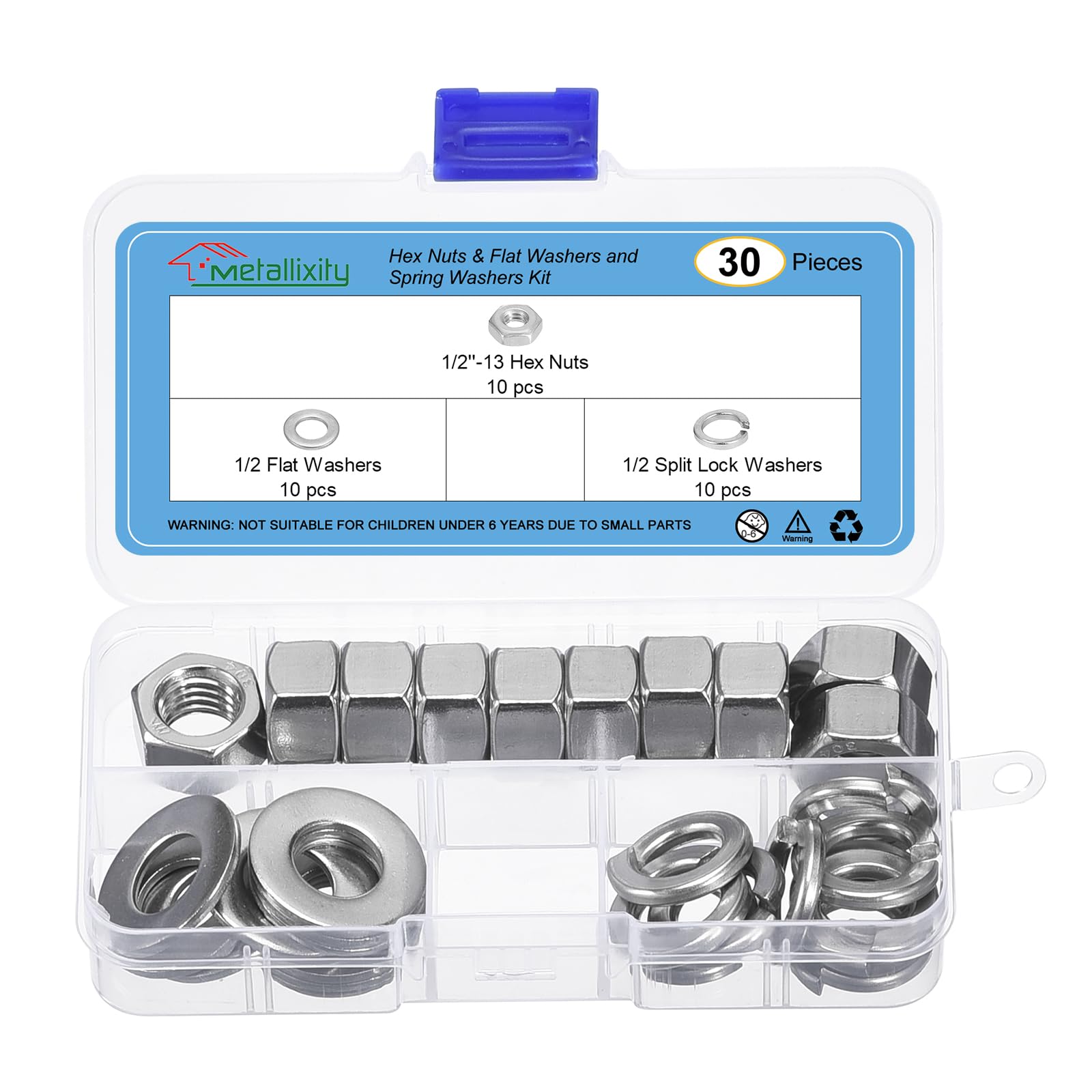 METALLIXITY Hex Nuts Assortment Kit (1/2"-13 Hex Nuts with 1/2 Flat Washers & Split Lock Washers) 30Pcs, 304 Stainless Steel Hexagon Nut Hardware Kit