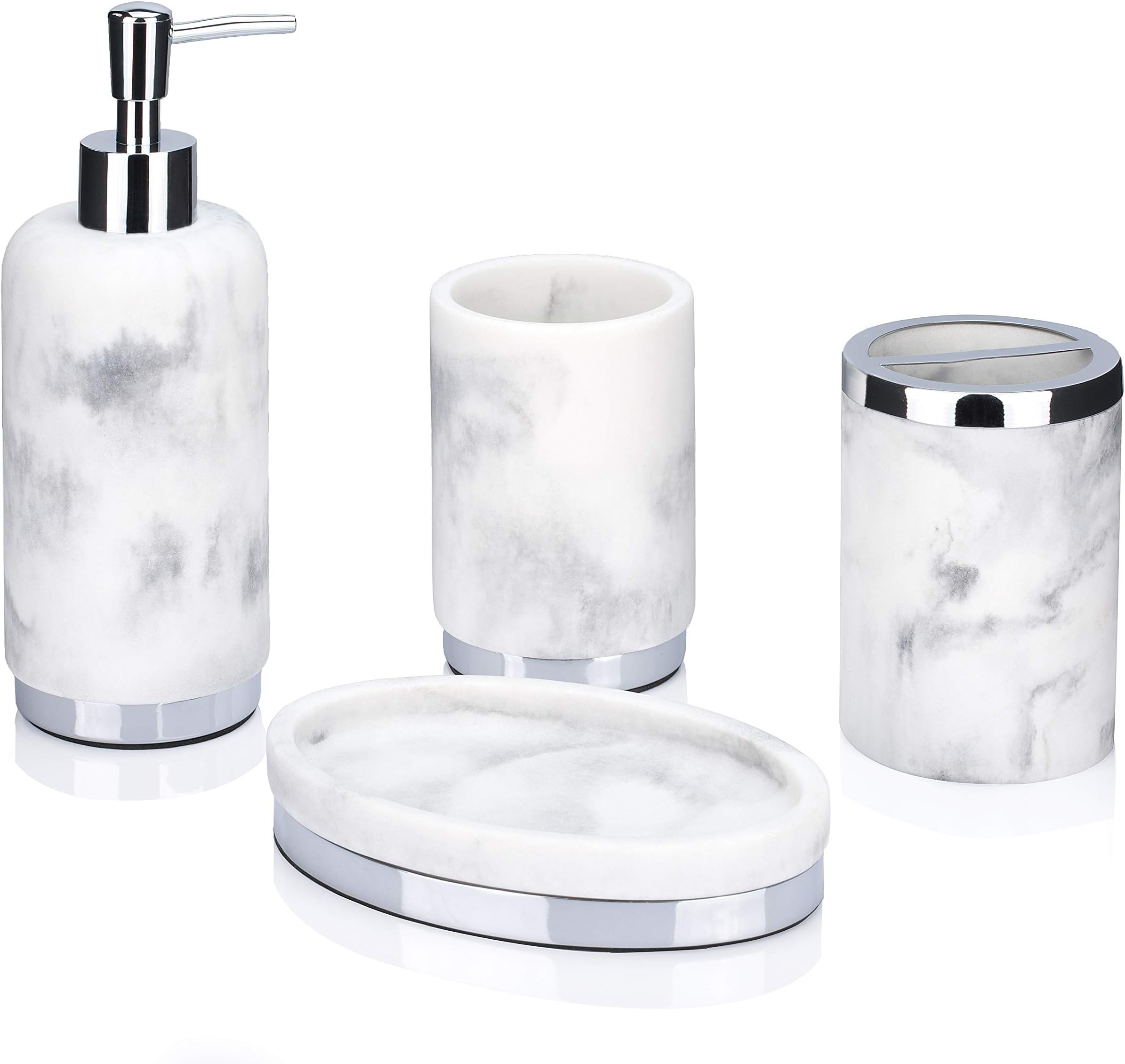 YangshiMoeed Bathpro Marble 4 Pieces Silver Metal Bathroom Accessories Sets/Bathroom Accessories Sets Complete with Soap/Lotion Dispenser,Toothbursh Holder,Tumbler,Soap Dish