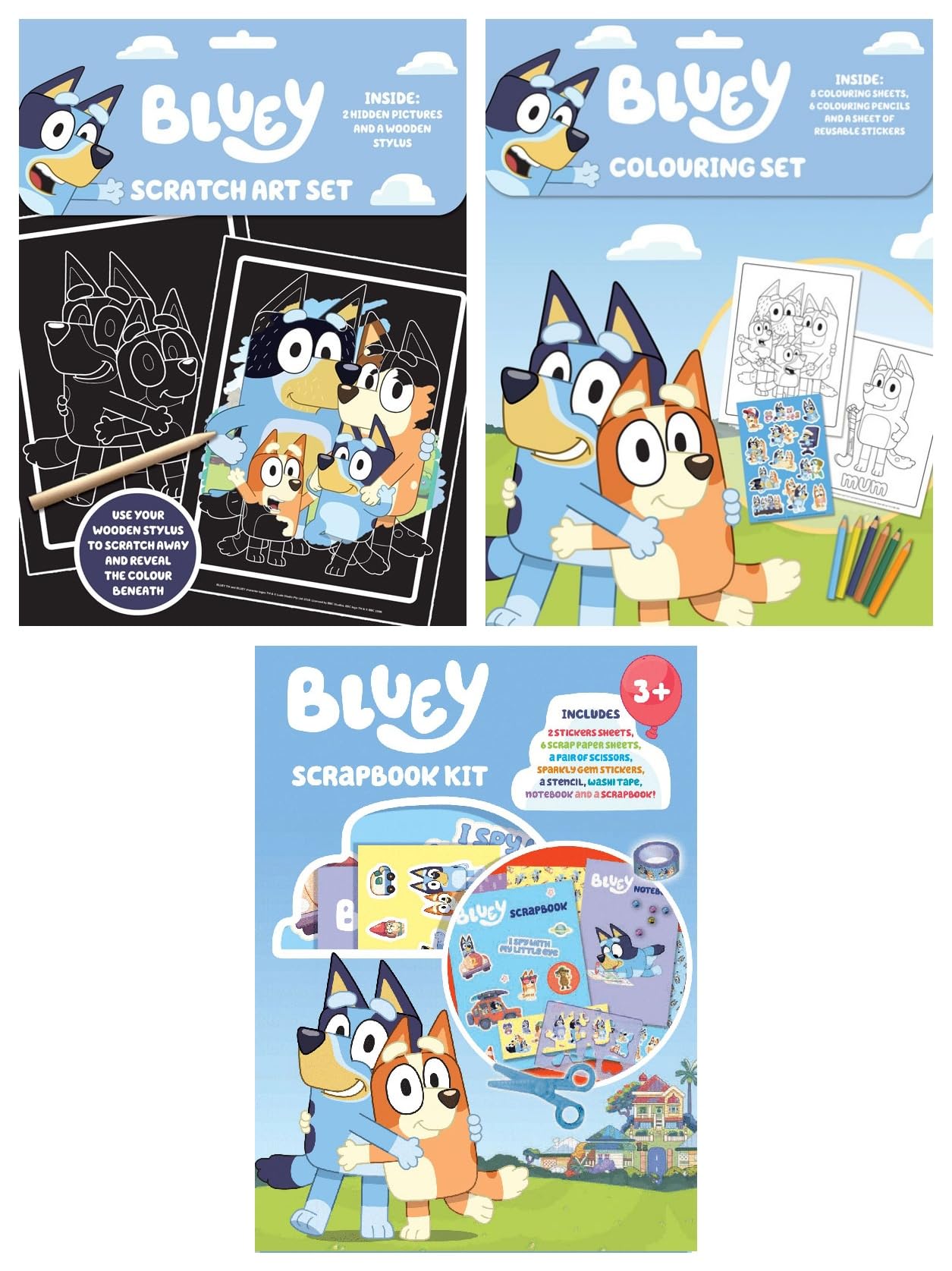 Anila's Bluey Activity Set with Scrapbook Kit, Colouring Set & Scratch Art Set.