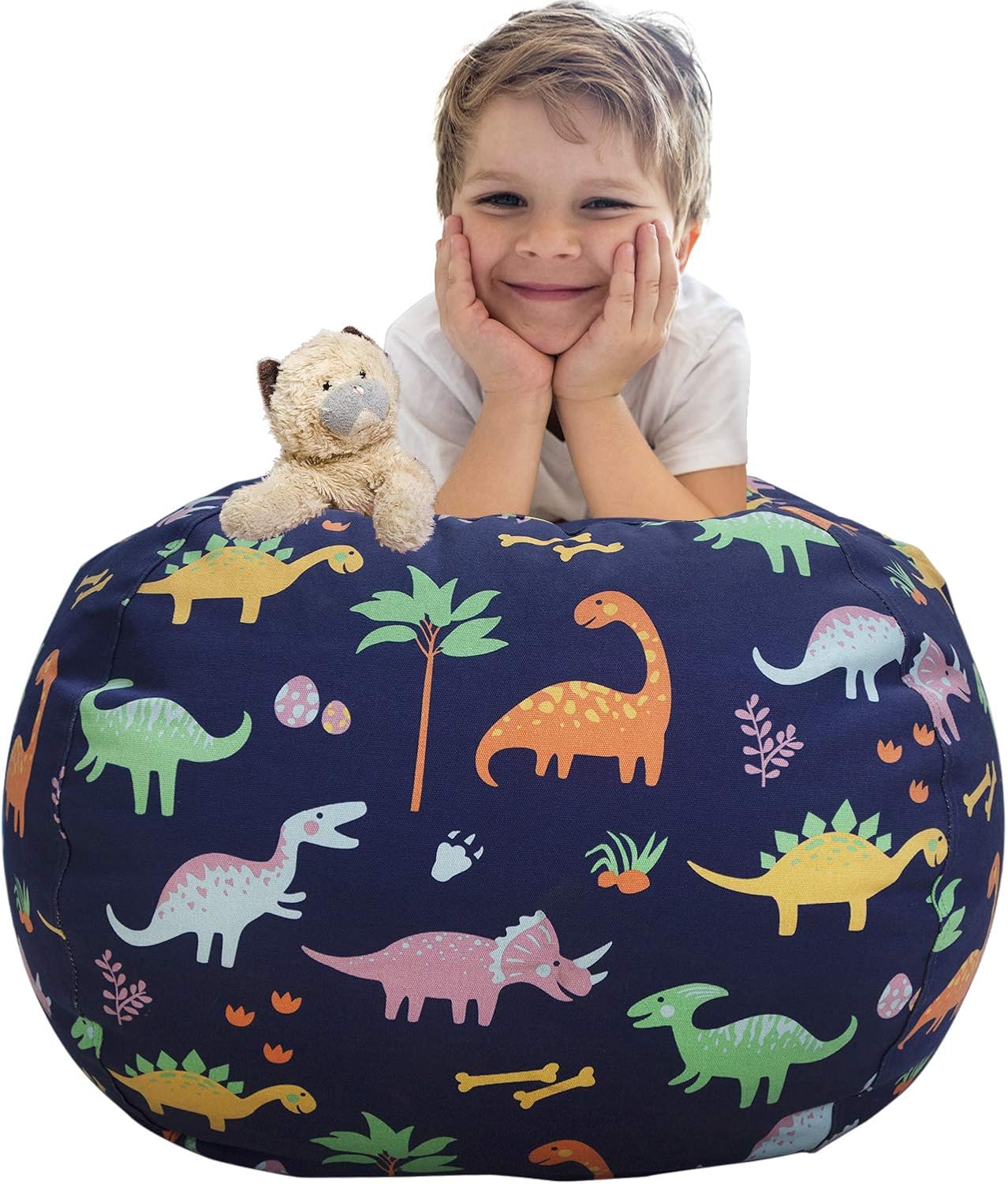 Aubliss Stuffed Animal Storage Bean Bag Chair Cover Only for Plush Toys, Blankets, Medium 32"-Canvas Dinosaur