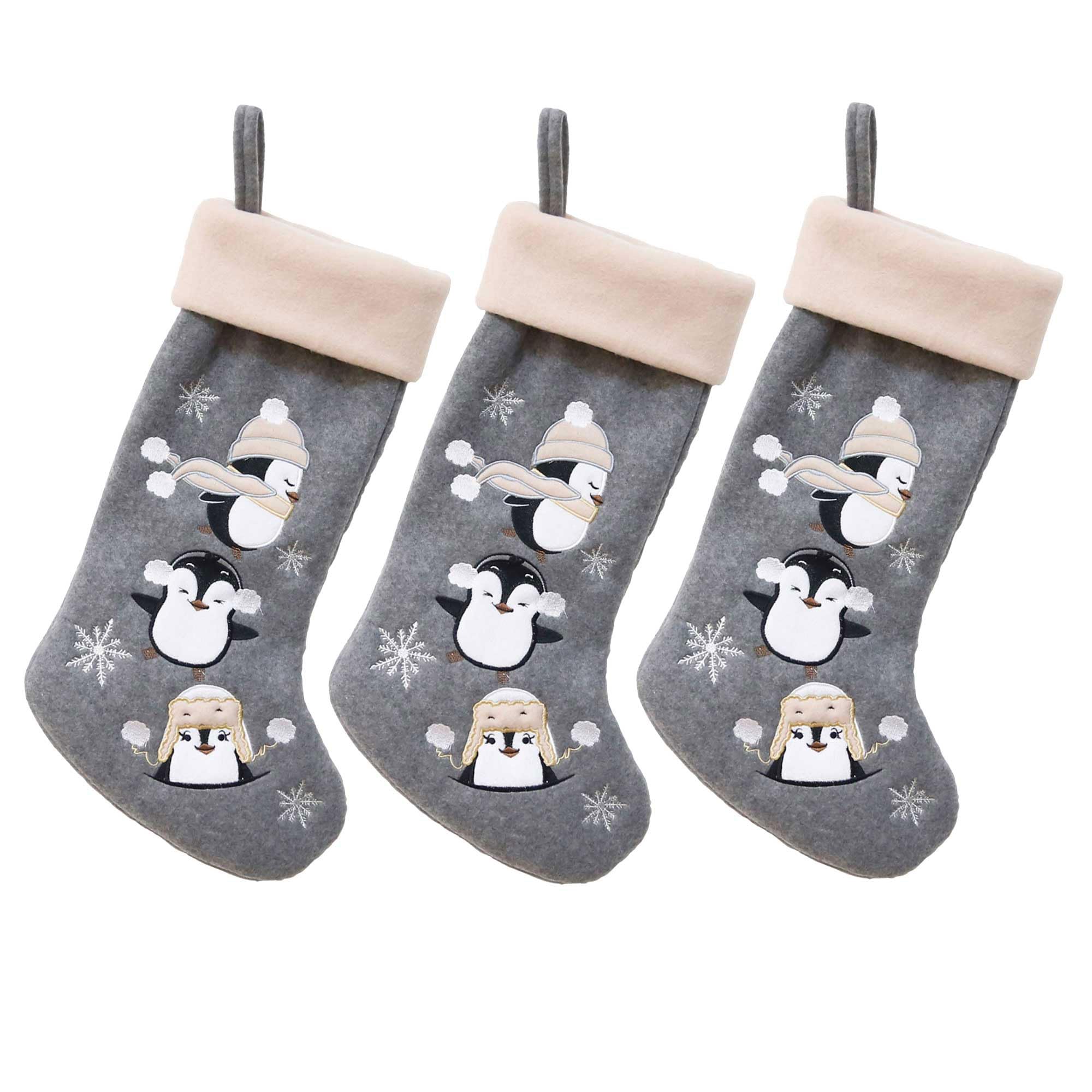 BambooMN 3 Pcs Set 18" Classic Hand Embroidered Sequined Cute Animal Christmas Stocking, 02 Penguin