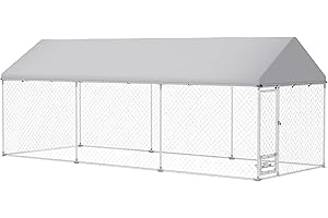 PawHut Outdoor Dog Kennel with Roof, Heavy Duty Dog Run Outdoor Fence Cage with Adjustable & Rotating Bowls, Water-Resistant 
