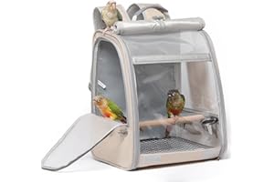 Bird Carrier Backpack, Portable Travel Bird Cage with Standing Perch, 2 Feeder Cups, Iron Mesh Stand & Removable Tray Lightwe