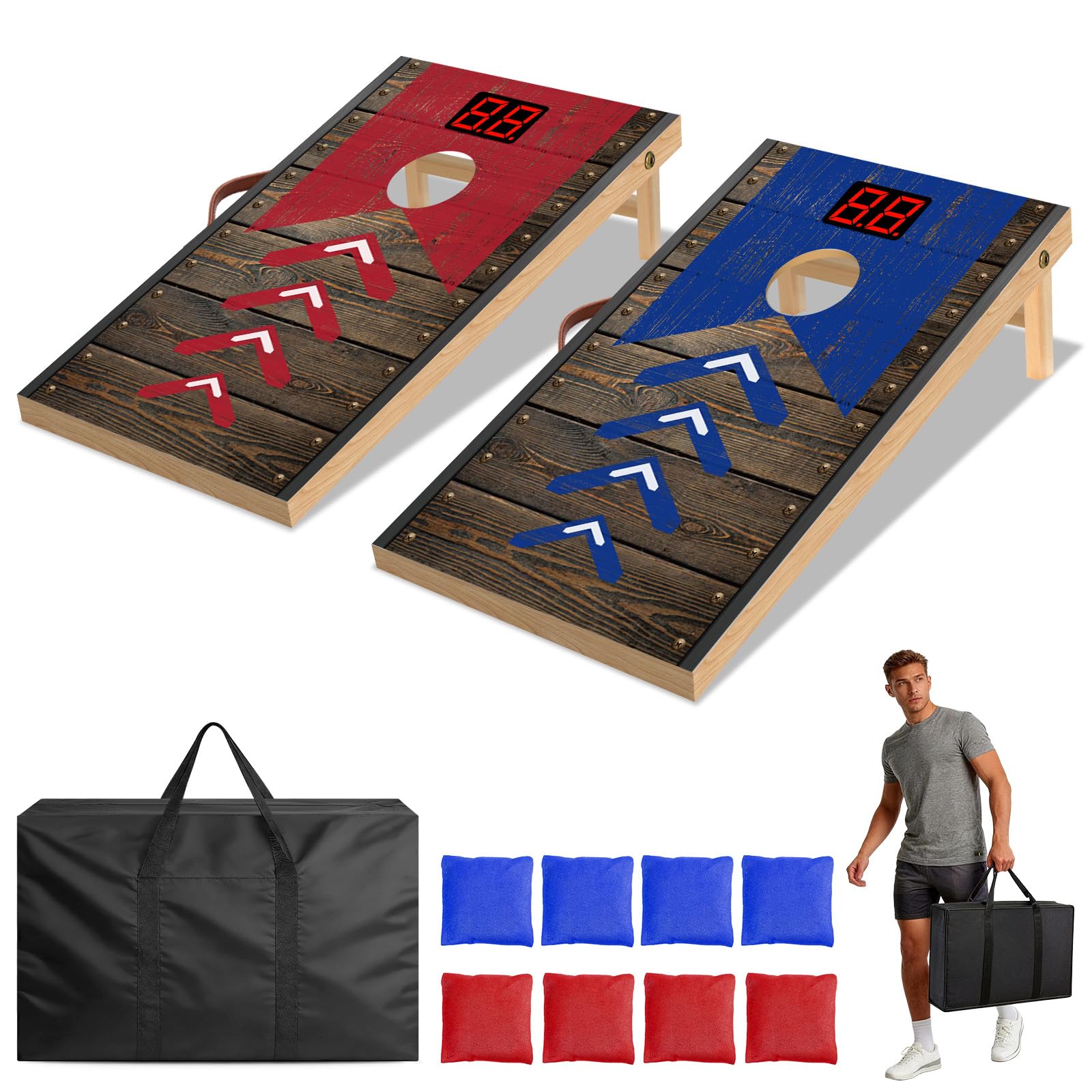 NZQXJXZ Upgraded Cornhole Game Set with Scoring System, 8 Bean Bags and Carrying Bag for Backyard, Lawn, Beach, 2-in-1 Camping Outdoor Game