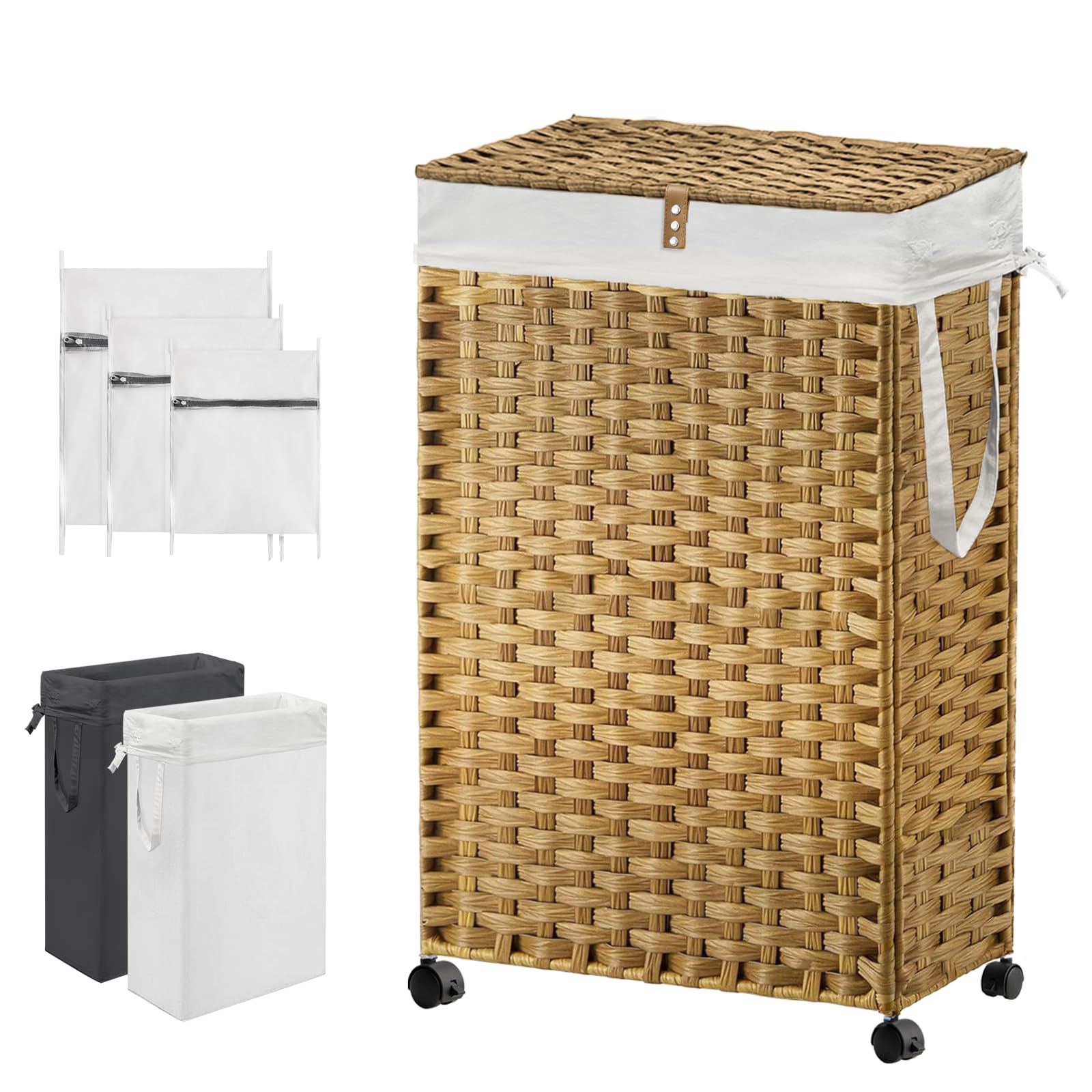 Photo 1 of ***reference image 88L Slim Laundry Hamper with Wheels, 23.3 Gallon Rolling Laundry Basket with Lid, Tall and Narrow Laundry Hamper with 2 Removable Liner & 3 Mesh Laundry Bags, Laundry Sorter for Bathroom, Natural