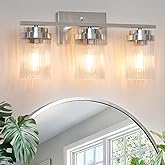 JUNNAI Modern Classic Brushed Nickel Vanity Light Fixture with Grooved Glass Shades, 18.9" L x 9.7" H, Ideal for Bathroom, Co