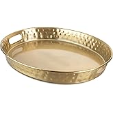 Monarch Abode Serving Tray with Handles – 17-Inch Hand Hammered Metal Platter for Living Room, Brushed Gold Finish Large Ottoman Tray Accent for Coffee Table, Tea & Food Serving Dish for Party