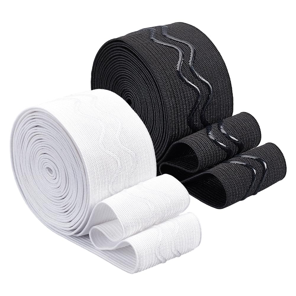 BENECREAT 6 Yards 2 Colors Non-Slip Silicone Elastic Band, 38mm/1.5 Inch Wide Heavy Stretch Knit Fabric Flat Polyester Elastic Gripper Band for Garment Sewing Project (Black & White)