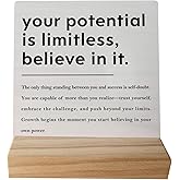 grapehiker Positive Affirmation Quote Wooden Desk Sign Decor, Inspirational Desk Decor, Your Potential Is Limitless Believe in It Wood Plaque Sign for Home Office Table Shelf Decorations