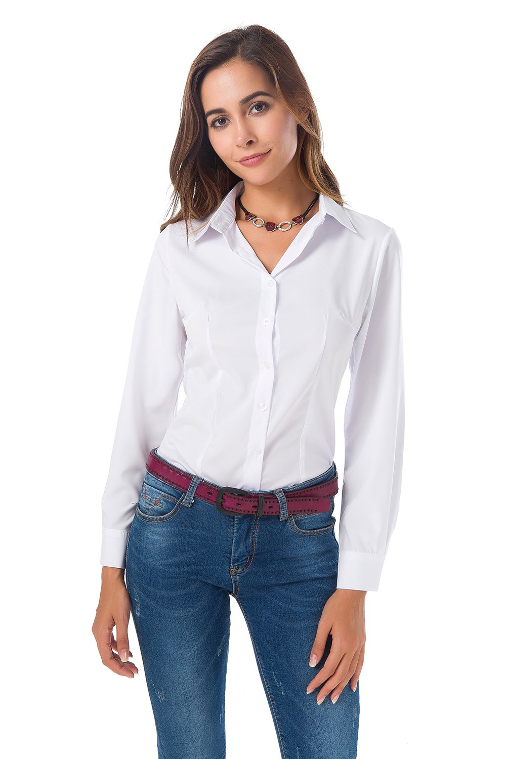 Womens Basic Long Sleeve Button Down Shirts Simple Pullover Stretch Formal Casual Shirt