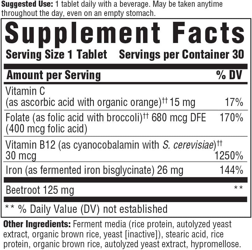 MegaFood, Blood Builder, Iron Supplement, Support Energy and Combat Fatigue without Nausea or Constipation, Non-GMO, Vegan, 30 Tablets: Health & Personal Care