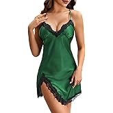 Vrtige Women's Sexy Satin Silky Nightgown Lace Trim Strappy Babydoll Chemise Nightdress Full Slip Dark Green X-Large