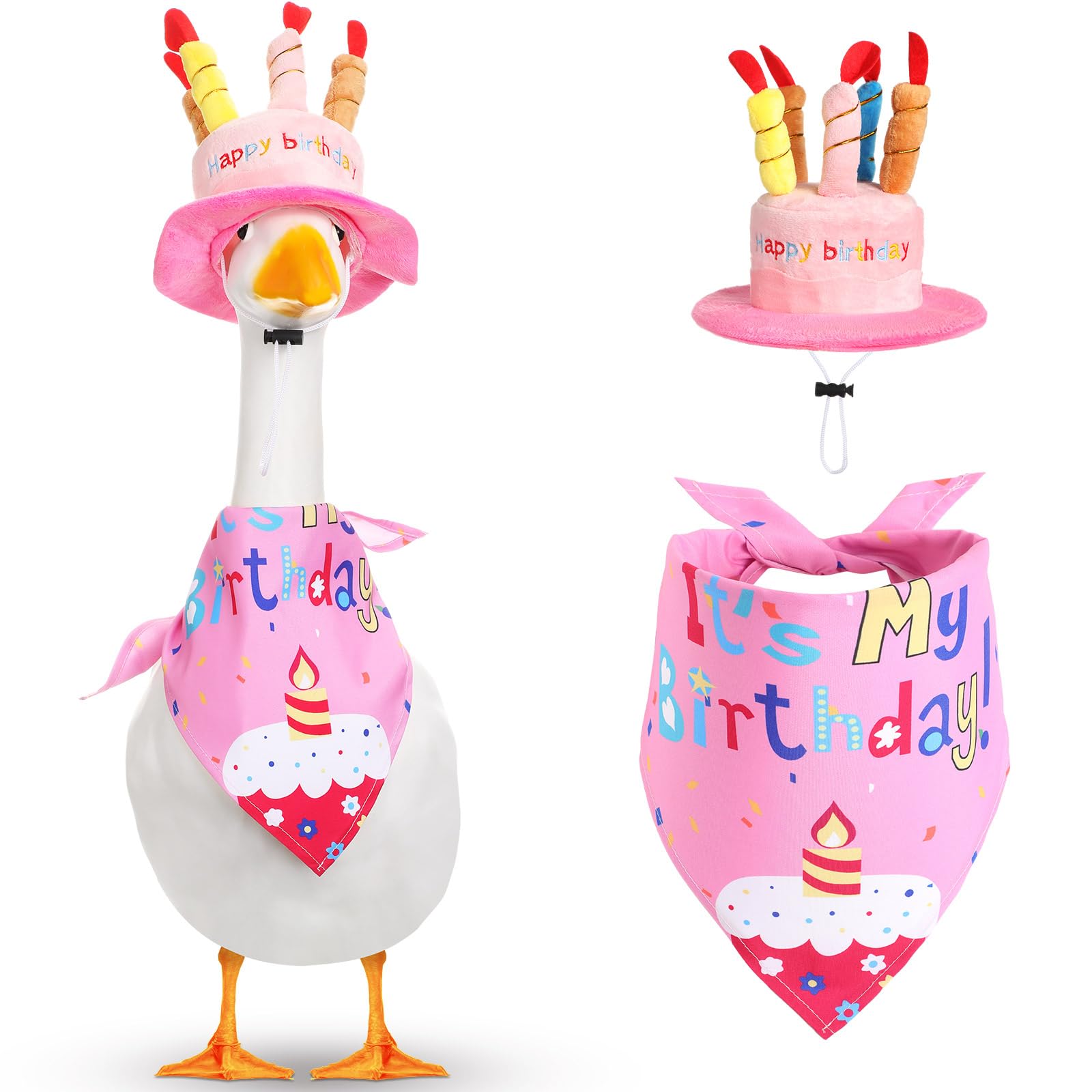 Photo 1 of Dansydaisy Happy Birthday Goose Outfit Porch Goose Outfits with Happy Birthday Cake Hat and Bandana Yard Geese Outfits for 23" 17" Cement Plastic Geese Duck Decorations(Style 1,Pink)