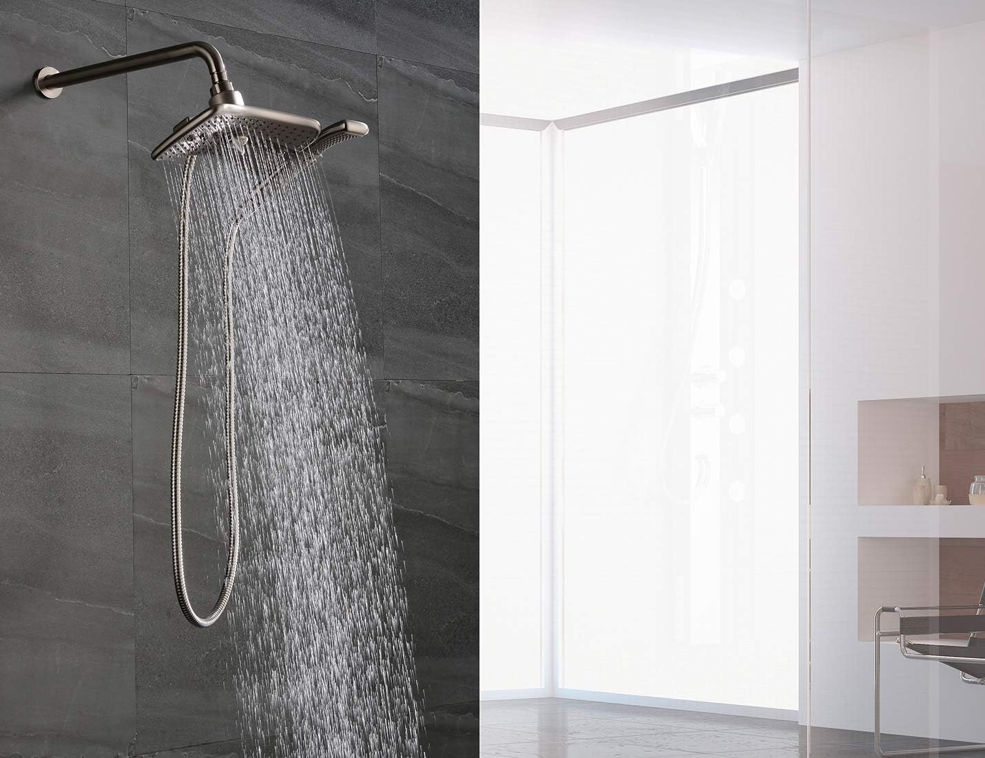Brushed nickel Shower heads combo with two spray setting fixed shower head and two spray settings handheld shower head with grey face - - 