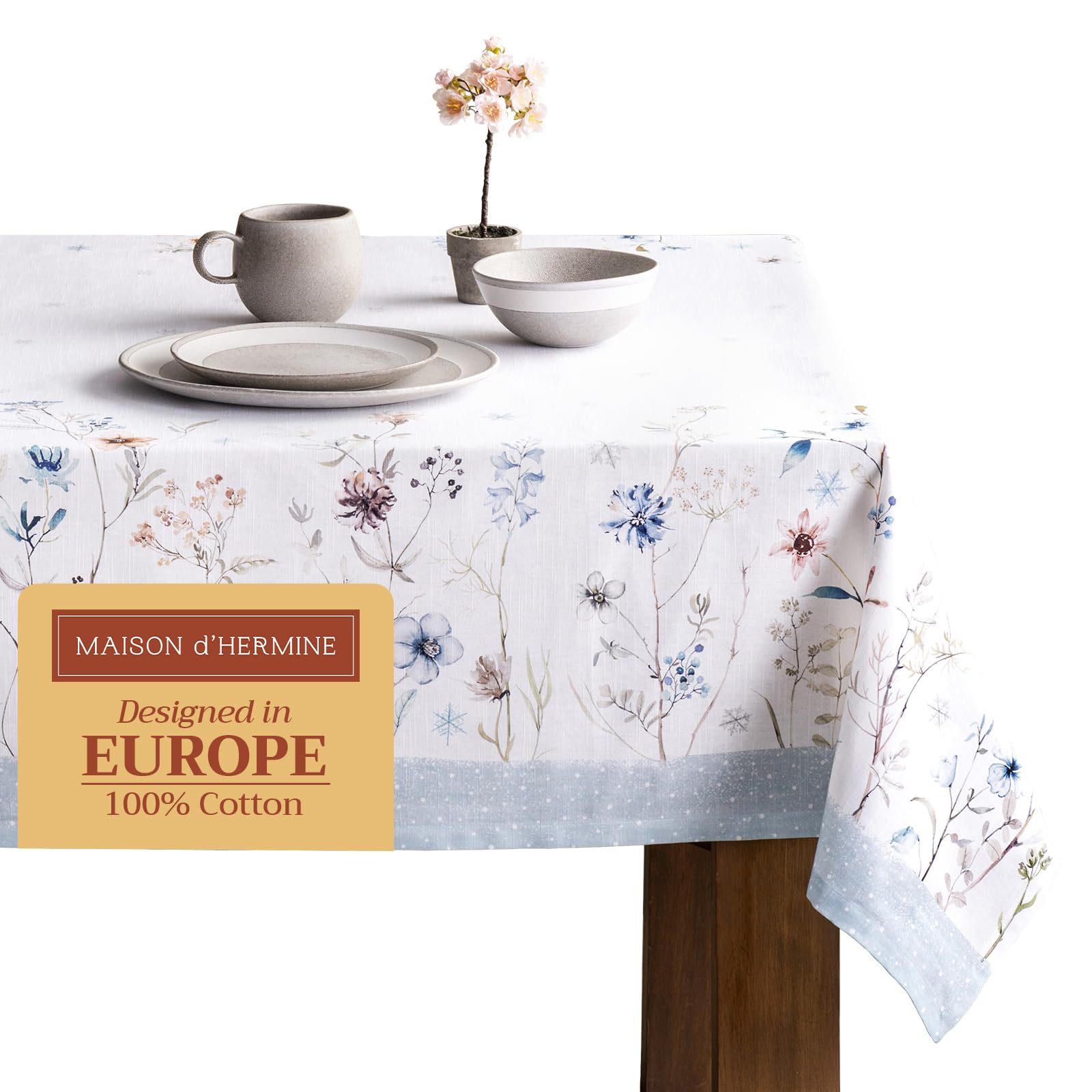 Maison d' Hermine Table Cloth Rectangle Table 100% Cotton 60 x 108 Inches Fall Tablecloth Reusable Everyday Use for Thanksgiving Christmas Decorations Dining Farmhouse Party (Ice Florals) Image