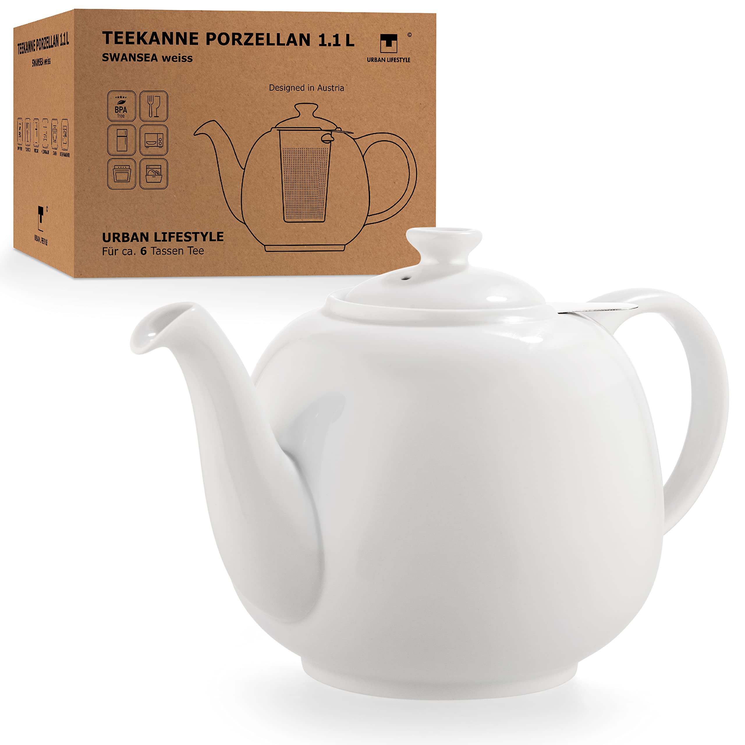 Urban Lifestyle Teapot with Strainer Insert Swansea White 1.1 L with Filter Porcelain Teapot with Strainer Insert Porcelain
