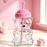 Glass Bear Cup, Bear Straw Cup, Glass Cups with Lids and Straws,Back to School Cute Mugs Bear Sippy Cups Coffee Beer Wine Cocktail Drinks Glassware for Christmas Gift,20 oz (pink)