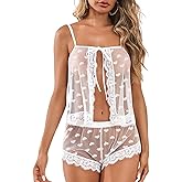 Kolagri Sexy Women Lace Pajamas Lingerie Set High Waist Sheer Sleepwear Bow Ties Cami Shorts Set