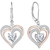 Raymard Heart Leverback Earrings for Womens, 925 Sterling Silver Dangle Drop Heart Cut Birthstone Jewelry for Women