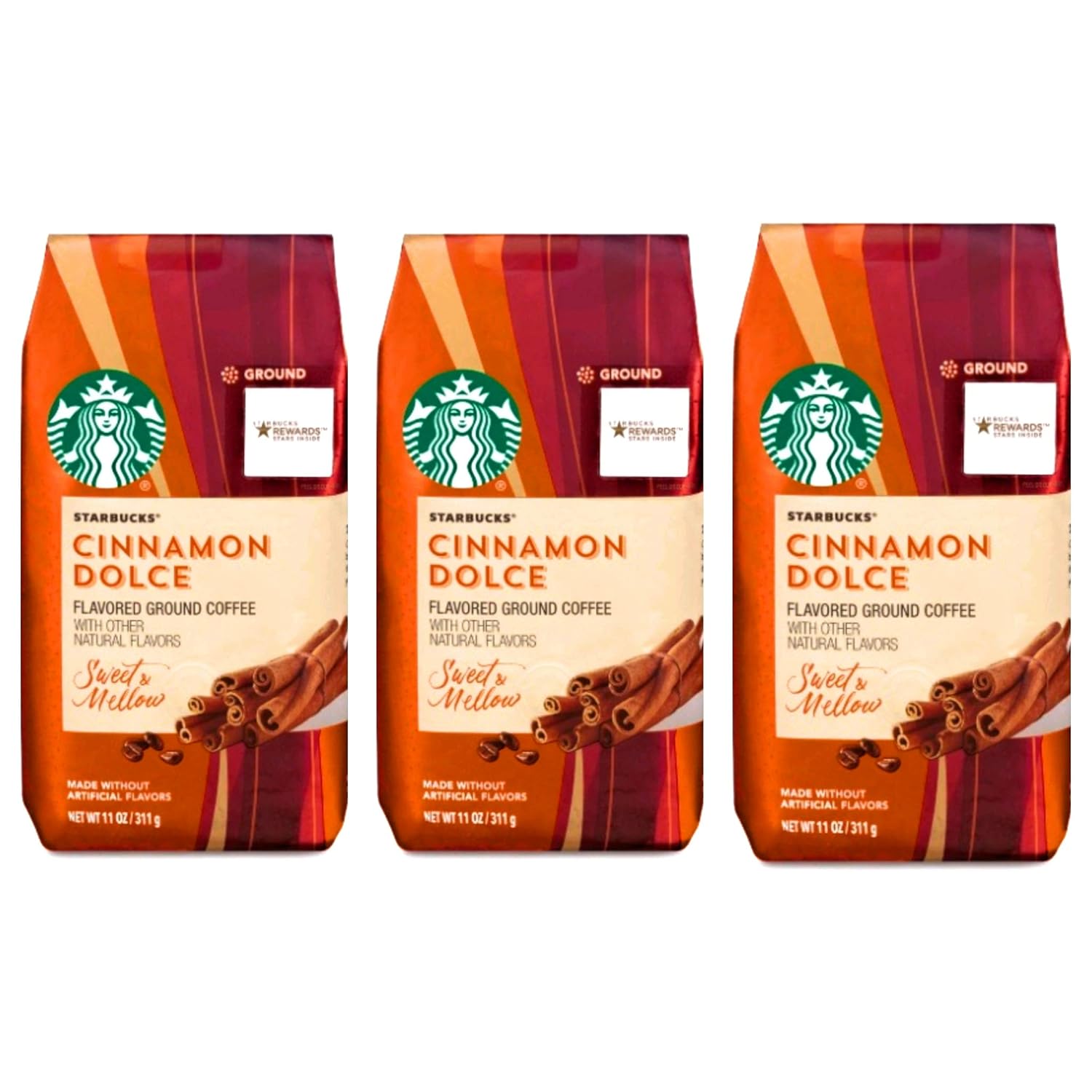 Starbucks Cinnamon Dolce Flavored Blonde Roast Ground Coffee Pack of 3 Bags - 11 oz Per Bag - 33 oz total