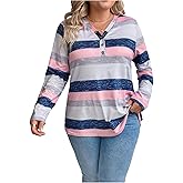 WDIRARA Women's Plus Size Color Block Striped T Shirts Button V Neck Long Sleeve Tee Tops