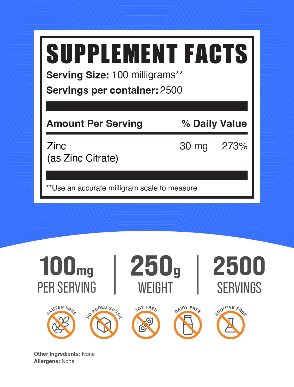 BulkSupplements.com Zinc Citrate Powder - Zinc Supplements, Mineral Supplement, for Immune Support - Gluten Free, 100mg per Serving, 250g (8.8 oz) (Pack of 1)