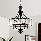 ZXFDWB Modern Black Crystal Chandelier,5-Light Farmhouse Dining Room Light Fixture Over Table Adjustable Height Hanging Indus