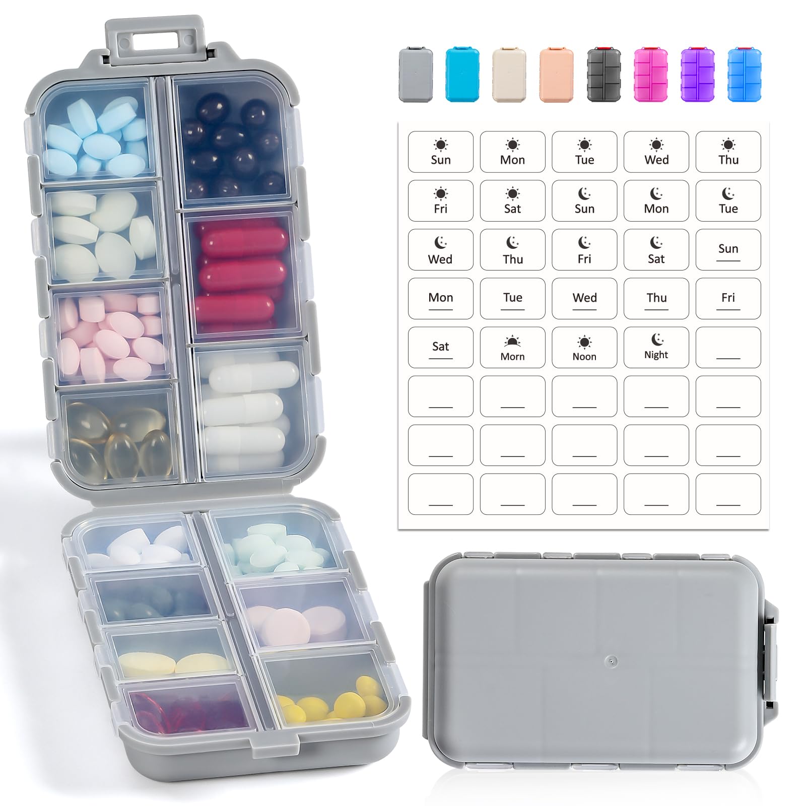 Photo 1 of 14 GRIDS Travel Pill Organizer Box with Labels - Travel Medicine Case Kit - Pocket Daily Pharmacy Container - Travel Medication Holder Dispenser for Fish Oil Vitamin Supplement Storage - Grey