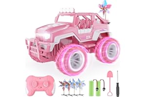 BEZGAR Remote Control Car for Girls - 1:16 Pink RC Jeep with 4 Windmills & 2 High-Capacity Rechargeable Batteries(80+ Mins Runtime), 2.4GHz RC Cars with Lights, Monster Truck Toys Gifts for Kids