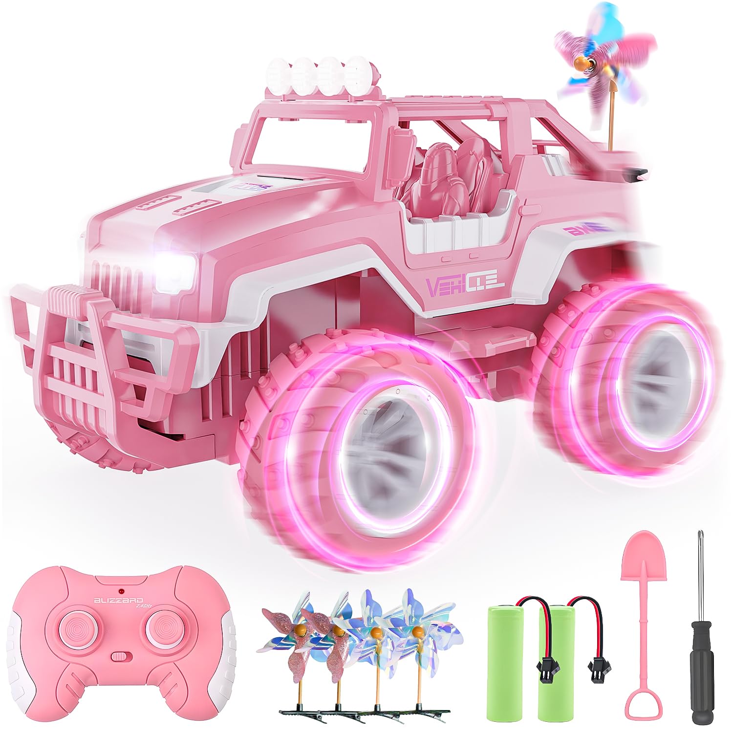 BEZGAR Remote Control Car - 1:16 Scale Pink Jeep Remote Control Cars for Girls with 4 Windmills, 80 Min Playtime 2.4GHz LED Lights Off-Road Monster RC Trucks Toys Gifts for Kids Girls Age 3-8