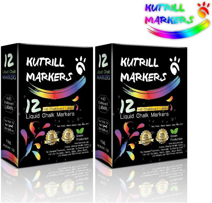 Chalkboard Liquid Chalk Markers, Mirror Markers 12 Pack (Rose Gold ,Gold & Silver) with 40 Pcs of Chalkboard Labels, 4 Reversible Tips - Non-Toxic Erase Mirror Markers by KUTRILL (2-Packs of 12)